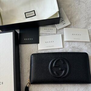 Authentic Gucci Soho Black Leather Womens Zip Around Wallet